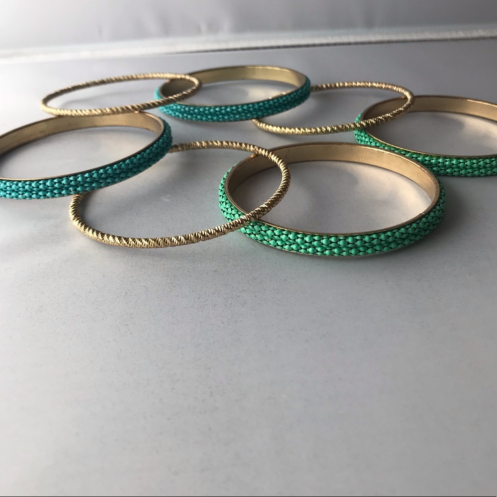 Teal, Aqua & Gold 7 Bangle Fashion Bracelet Set